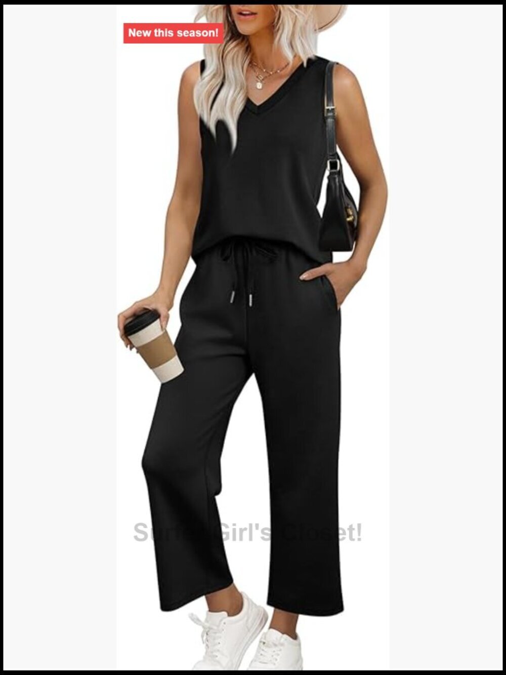 Two Piece Lounge Set V Neck Sleeveless Top Wide Leg Pants Soft Lightweight